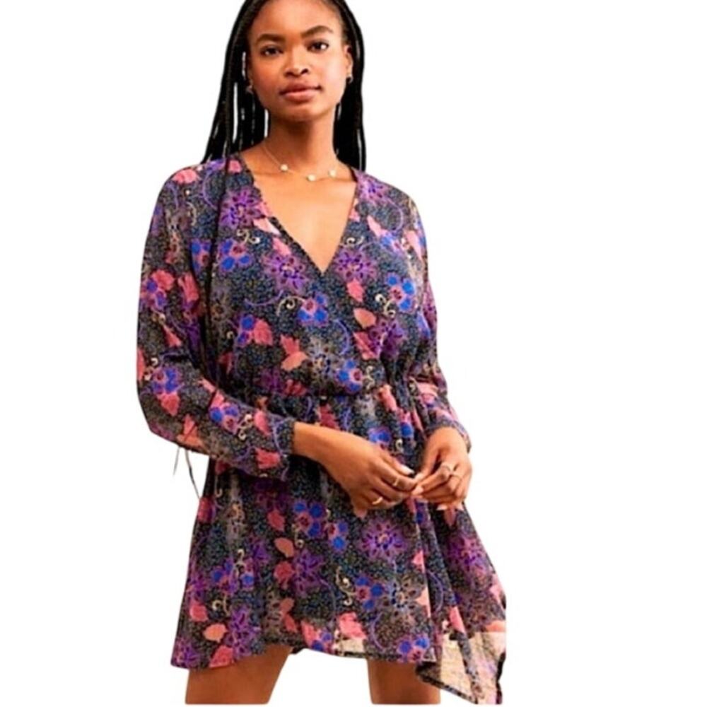 Free People Teegan Floral Black and Purple Mini Dress size S